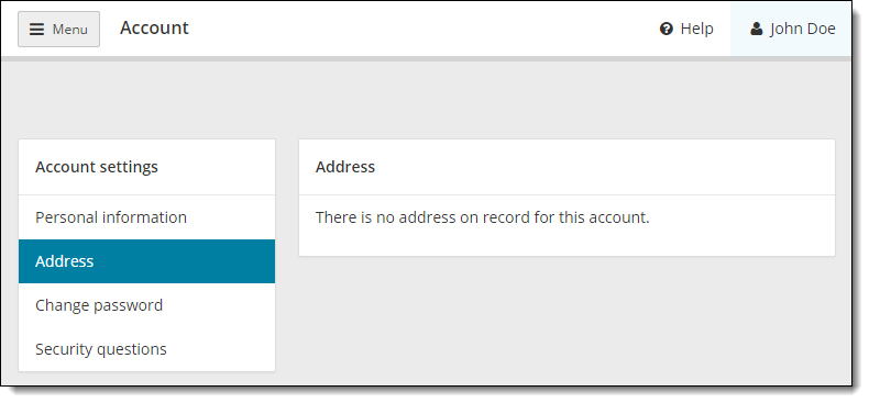 Account Settings page. There is no address on record for this account.